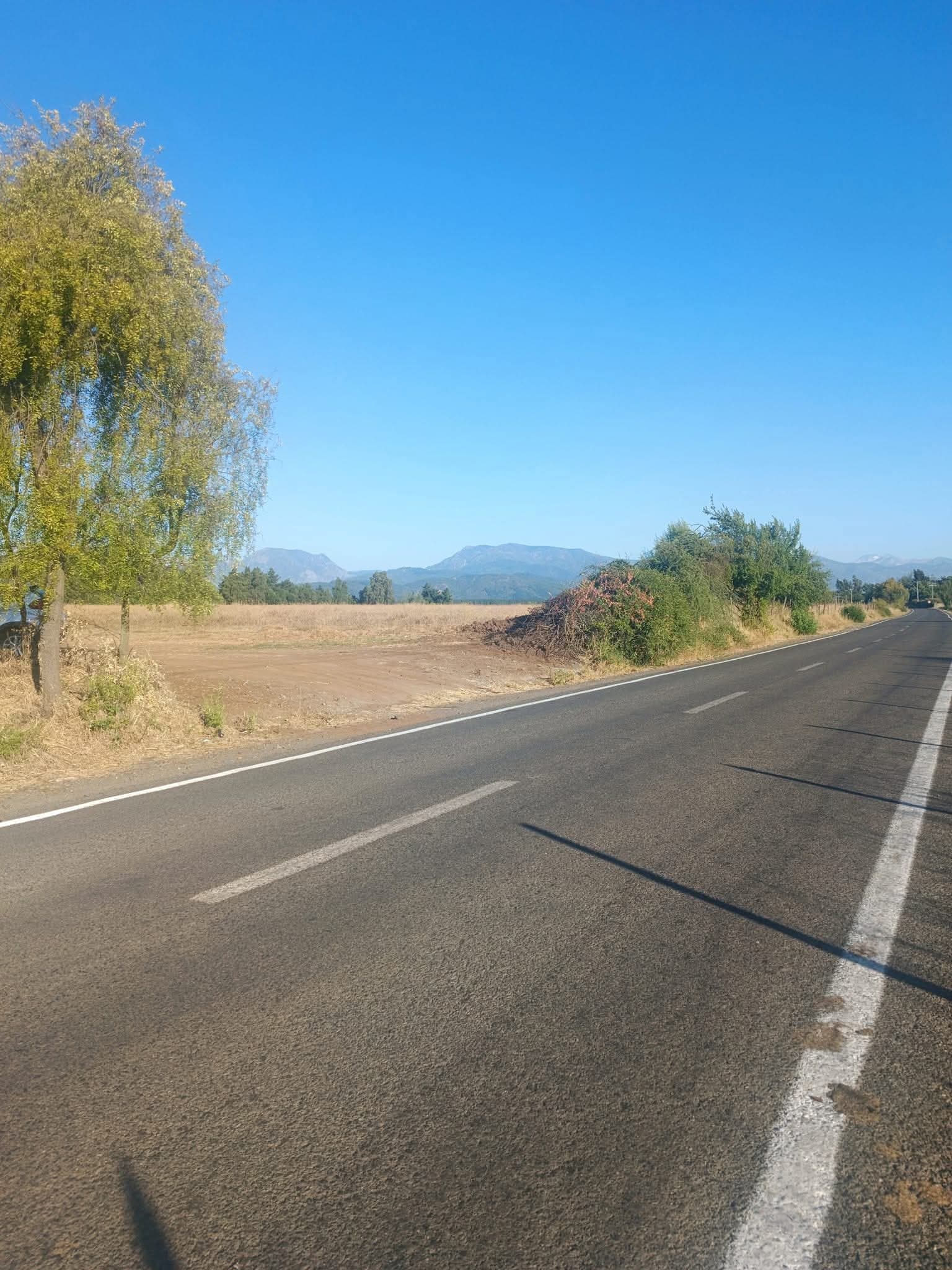 Calle asfaltada de acceso al proyecto, con cielo despejado y cordillera